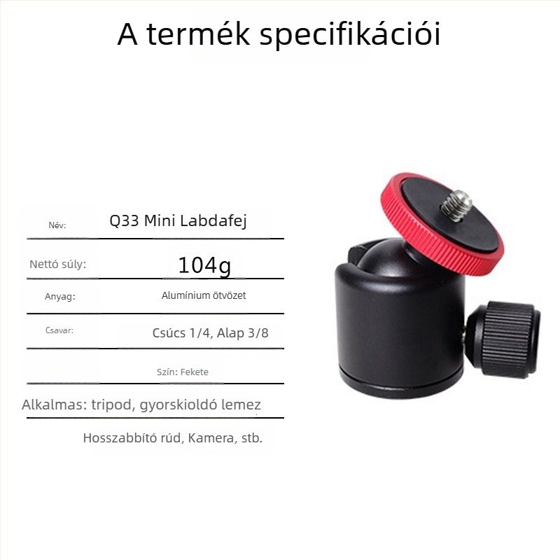 Alumínium mini gimbal 360° panoráma és dőlésszöggel okostelefonok és kamerák számára, kompatibil 3/8 és 1/4 hüvelykes csavarokkal, tömeg 104 g