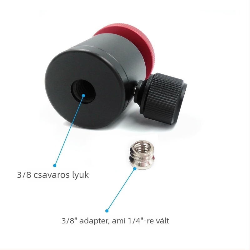 Alumínium mini gimbal 360° panoráma és dőlésszöggel okostelefonok és kamerák számára, kompatibil 3/8 és 1/4 hüvelykes csavarokkal, tömeg 104 g
