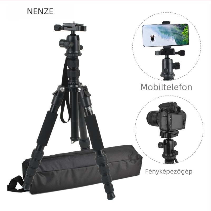Tripod gömbpan-tilt fejjel, magnéziumötvözet, teherbírás 6–10 kg, összecsukható, gyorskioldó lemez mellékelve