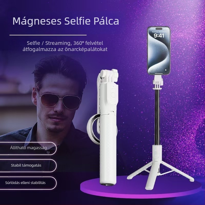 Háromszög alakú mágneses selfie-stick okostelefonokra — 360° forgás, rozsdamentes acél, 20–130 cm hosszabbítás, távirányítóval, kompatibil iOS/Android