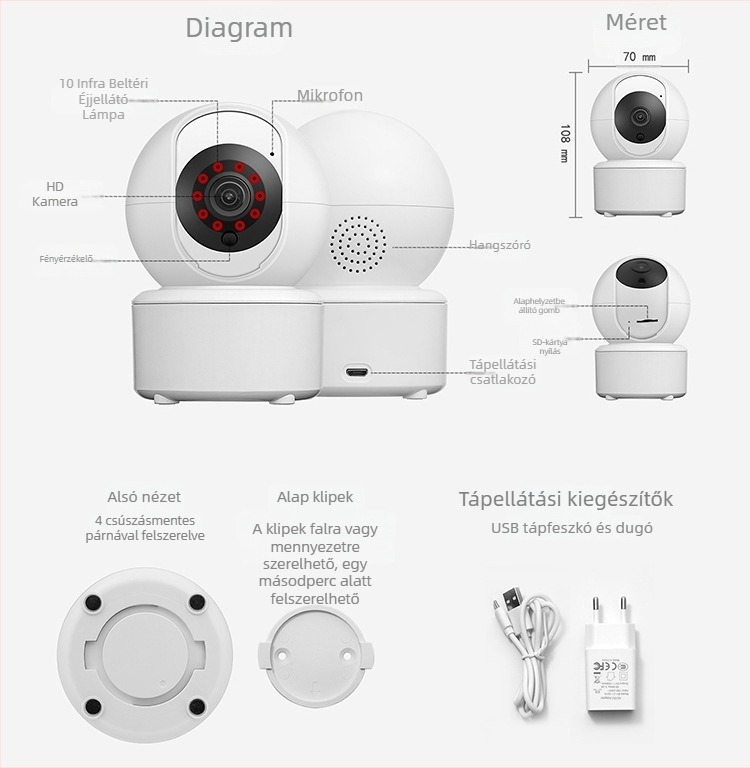 ICSEE vezeték nélküli otthoni kamera — 5V tápegység, műanyag PTZ, falra, mennyezetre vagy sík felületre szerelhető