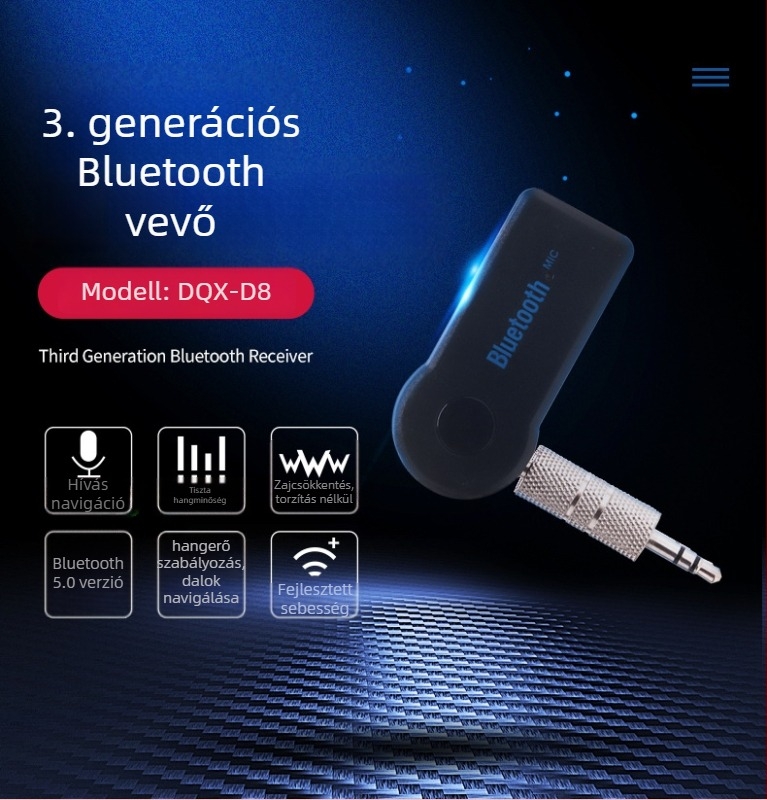 Autó kormánykerékre tervezett Bluetooth vevő MP3 lejátszó, Plug-and-Play hands-free, ABS ház, 5V bemenet, 3 m kábel
