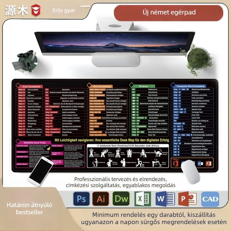 Új német egérpad, testreszabható, nagy, fekete, csúszásmentes, laptophoz és irodába