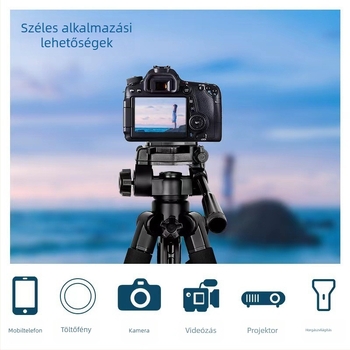 DSLR és okostelefonhoz: 3-szekciós alumínium ötvözet állvány, teherbírás 2–5 kg, 360° gimbal, gyorskioldó lemez