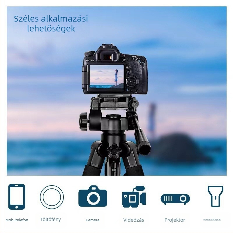 DSLR és okostelefonhoz: 3-szekciós alumínium ötvözet állvány, teherbírás 2–5 kg, 360° gimbal, gyorskioldó lemez