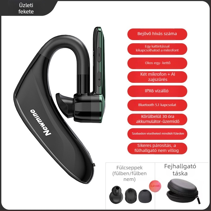 Vezetési célú, egy fülön viselhető, sportos stílusú vezeték nélküli Bluetooth headset zajcsökkentéssel, ultra-hosszú üzemidő
