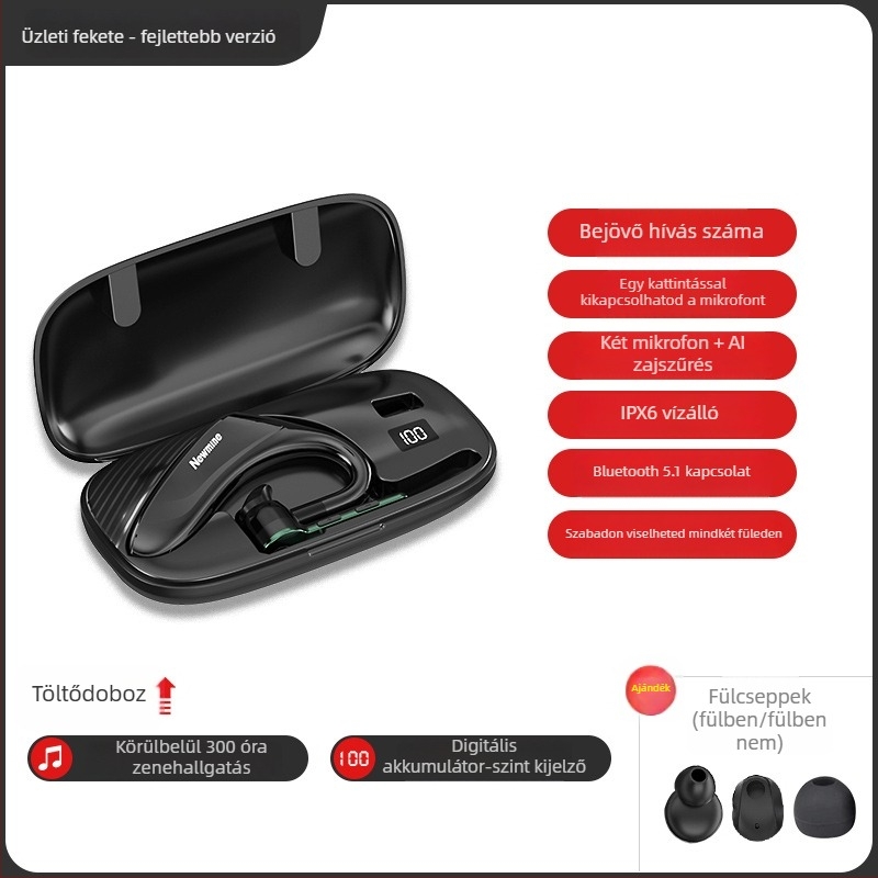 Vezetési célú, egy fülön viselhető, sportos stílusú vezeték nélküli Bluetooth headset zajcsökkentéssel, ultra-hosszú üzemidő