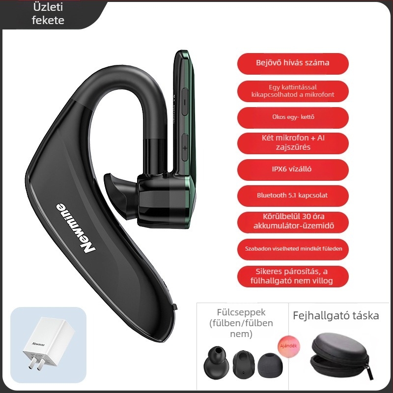 Vezetési célú, egy fülön viselhető, sportos stílusú vezeték nélküli Bluetooth headset zajcsökkentéssel, ultra-hosszú üzemidő