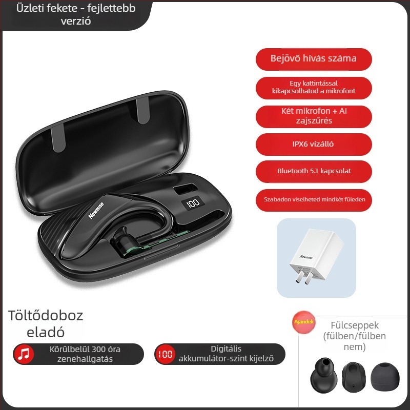 Vezetési célú, egy fülön viselhető, sportos stílusú vezeték nélküli Bluetooth headset zajcsökkentéssel, ultra-hosszú üzemidő