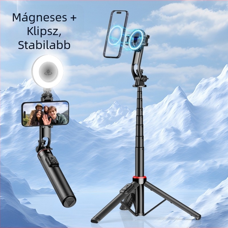 C20 Mágneses Selfie állvány távirányítóval és beépített fénnyel élő közvetítéshez — telefon tartó asztali vagy padlón használható, Bluetooth