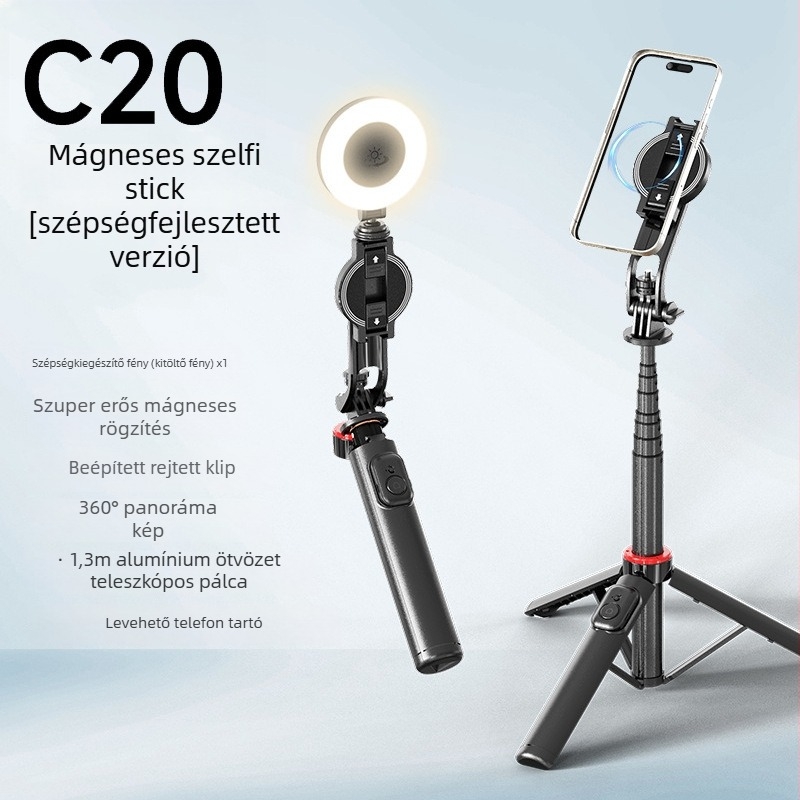 C20 Mágneses Selfie állvány távirányítóval és beépített fénnyel élő közvetítéshez — telefon tartó asztali vagy padlón használható, Bluetooth