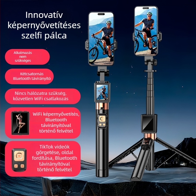Kijelzővetítéssel rendelkező szelfi bot padlóra álló háromlábas állvánnyal telefonhoz, univerzális CL07