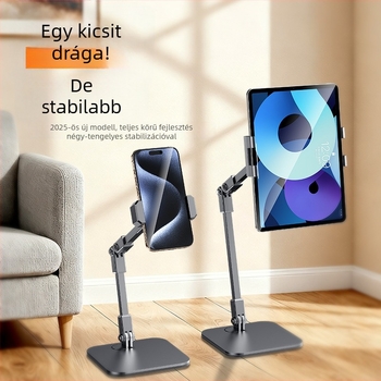 Asztali élő közvetítés állvány, fémből készült teleszkópos konstrukció, felülnézeti felvétel, univerzális kompatibilitás mobiltelefonokkal és tablet tartó klippel, testreszabási lehetőségek