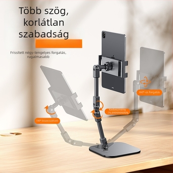 Asztali élő közvetítés állvány, fémből készült teleszkópos konstrukció, felülnézeti felvétel, univerzális kompatibilitás mobiltelefonokkal és tablet tartó klippel, testreszabási lehetőségek
