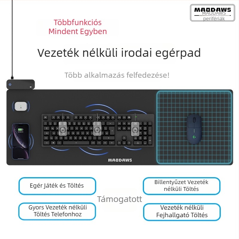 MAODAWS PowerPlay gaming egérpad nagy területű vezeték nélküli töltéssel, textil felület, egyoldalas