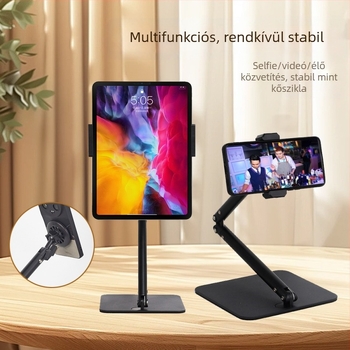 Fémes asztali állvány okostelefonhoz és tablethez, univerzális modell, felső felvételhez, rezgéscsillapító, cantilever kialakítás