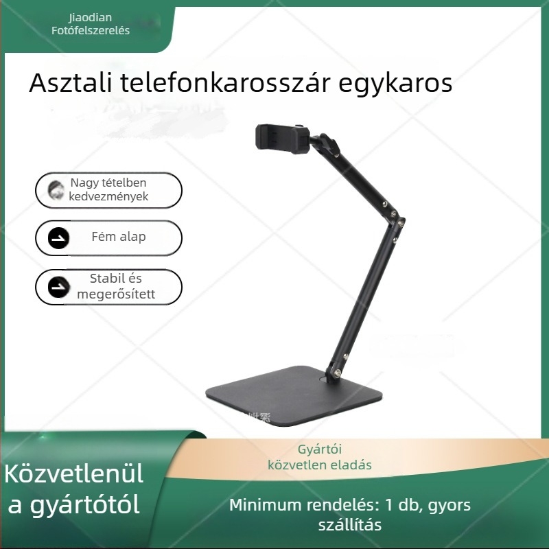 Fémes asztali állvány okostelefonhoz és tablethez, univerzális modell, felső felvételhez, rezgéscsillapító, cantilever kialakítás