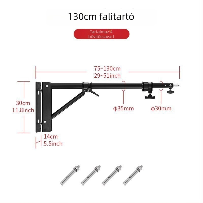 Cantilever falra szerelhető lámpaállvány stúdióhoz – vas+ABS, teherbírás 3–5 kg, magasság 1,3/1,8 m, csőátmérő 35 mm, 3 részes