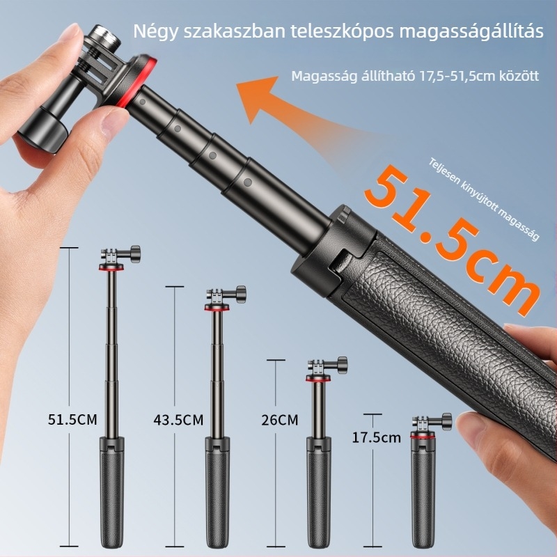 Action-kamera kézi mini kinyúló karos állvány selfie-hez, kompatibil DJI Action 4/5 Pro/6, Pocket 3 és GoPro, Anyag: alumínium ötvözet + ABS + szilikon, logó nyomtatás (szitanyomás/ lézergravírozás), 3 hónap garancia
