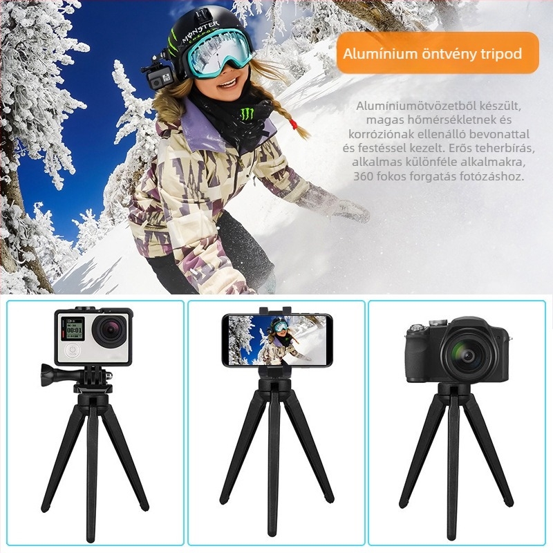 DSLR/GoProhoz tripod alumínium ötvözetből, 3 részes, gömbfejes, teherbírás 6–10 kg, gyorskioldó lemez
