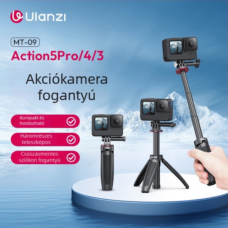 Ulanzi MT-09 Mini Kiterjesztett trípod DJI Action 6/5 Pro/4 – ABS + alumínium, 3 részes, teherbírás 1 kg, súly 74 g, összecsukott magasság 12,7 cm