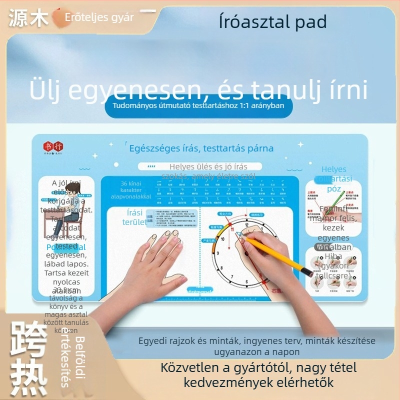 Íróasztali matrac a helyes testtartásért írás közben, gyermekeknek szóló útmutató a tollfogásról, csúszásmentes felület és egérpad