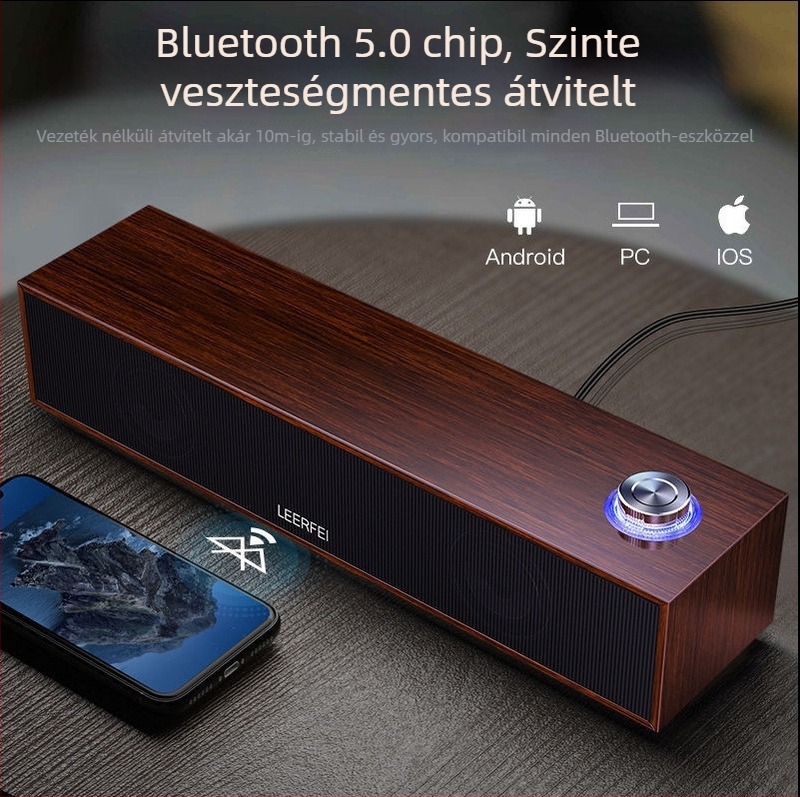 Asztali Bluetooth hangszóró, faburkolatú ház, USB táplálású, 2 hangszóró, 3W teljesítmény