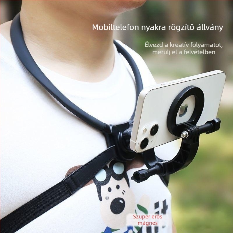 Nyakba akasztható mágneses tartó akciókamerákhoz — ABS + mágnes + szilikagél; univerzális kompatibilitás