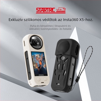 Insta360 X5 szilikon védőtok objektívfedéllel és anti-drop hűtőhéjjal (Modell STARTRC VCR; Anyag: szilikon; Tartalmazza: testvédő tok, objektívfedél, elvesztés elleni zsinór)
