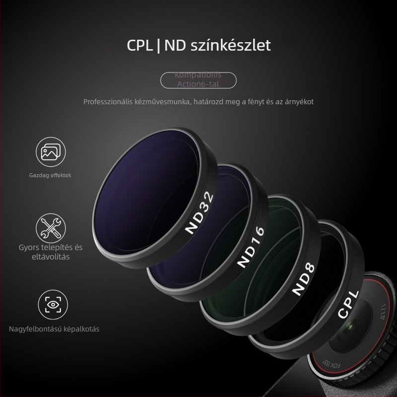 Telesin A6 szűrő készlet DJI Action6-höz: CPL polárszűrő, ND8/16/32, VND, UV üveg szűrők