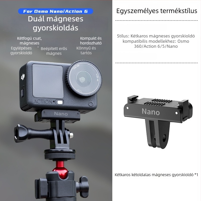 Mágneses alapadapter DJI Nano/Action6 – 1/4 hüvelykes interfész, mágneses rögzítés + műanyag