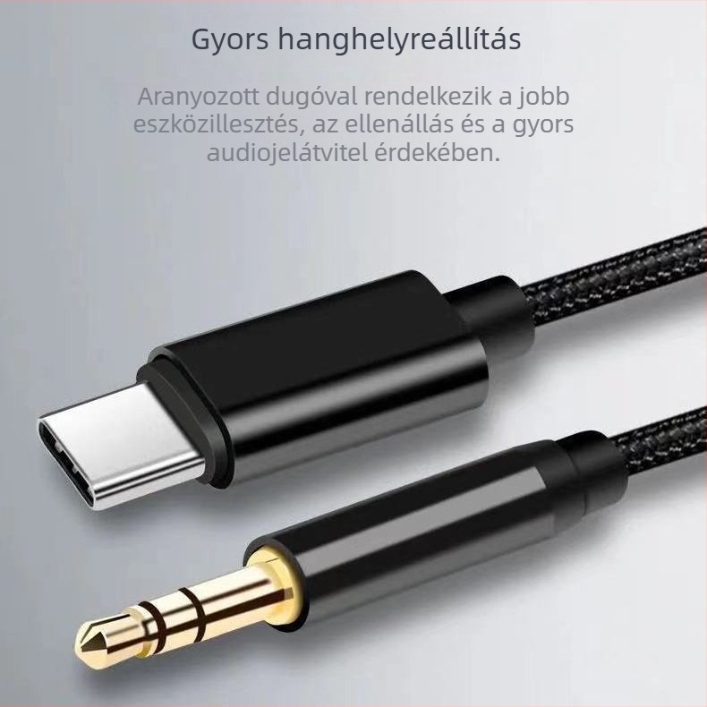 Type-C–es autós AUX hangkábel 3,5 mm-rel, aranyozott csatlakozók, rézmag, optikai vezető, BV tanúsítvánnyal