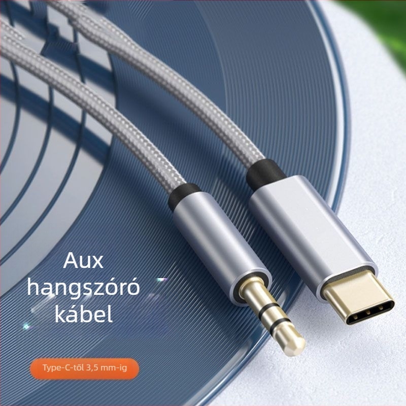 Type-C–es autós AUX hangkábel 3,5 mm-rel, aranyozott csatlakozók, rézmag, optikai vezető, BV tanúsítvánnyal