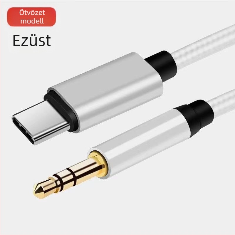 Type-C–es autós AUX hangkábel 3,5 mm-rel, aranyozott csatlakozók, rézmag, optikai vezető, BV tanúsítvánnyal