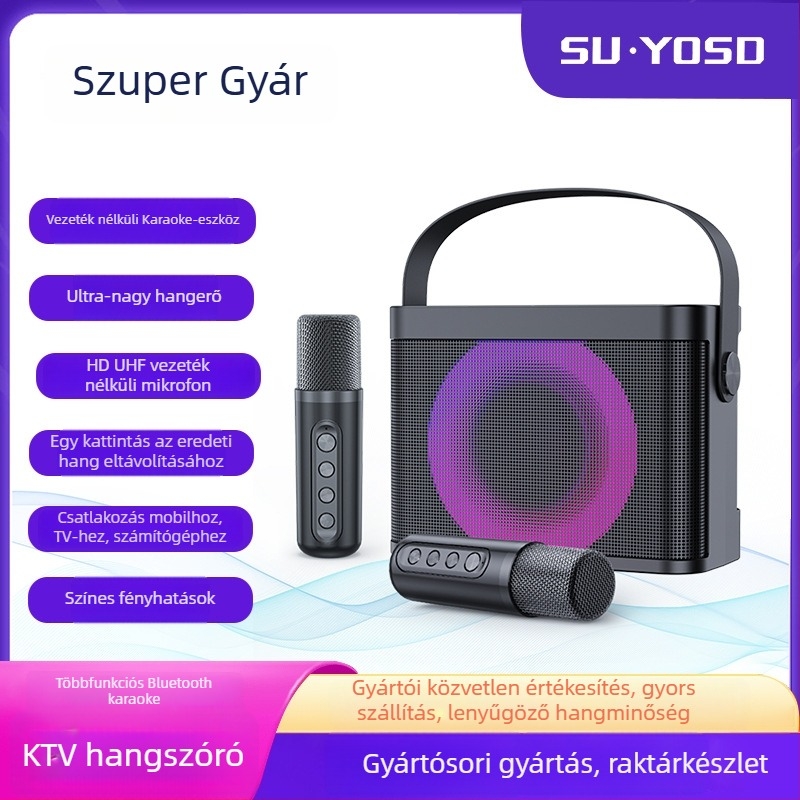 Minden egyben vezeték nélküli Bluetooth karaoke hangszóró LED világítással és két mikrofonnal (Bluetooth 5.1 • ≤10W • 60 Hz–15 kHz • 2000–4000 mAh • 3–5 óra lejátszás)