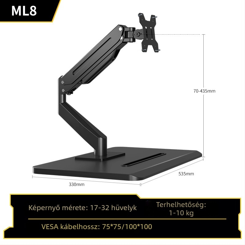 Fúrás nélküli monitorkar gázrugós cantiléverrel, forog, ML8, hideg-hengerelt acél, 5 kg, széles monitor-tartományhoz