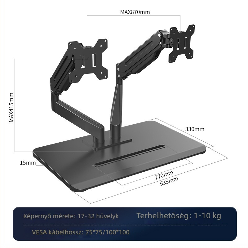 Fúrás nélküli monitorkar gázrugós cantiléverrel, forog, ML8, hideg-hengerelt acél, 5 kg, széles monitor-tartományhoz
