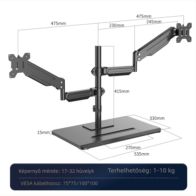 Fúrás nélküli monitorkar gázrugós cantiléverrel, forog, ML8, hideg-hengerelt acél, 5 kg, széles monitor-tartományhoz