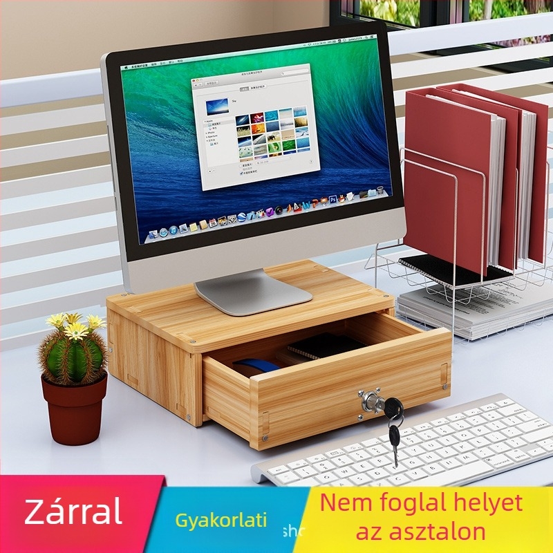 Fa monitorállvány asztali telepítéssel, 2‑rétű tárolópolccal, egyszerű és modern dizájn