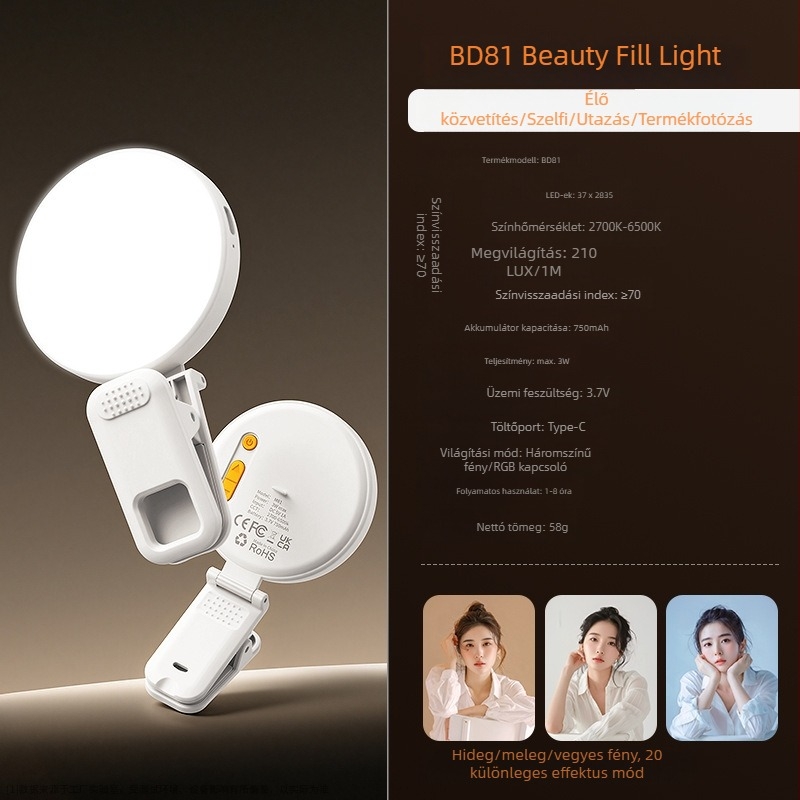 Csíptethető telefonvilágítás, 37 LED, állítható színhőmérséklet 2500K–9900K, kompakt, ideális selfie-hez, fényképezéshez és élő közvetítéshez
