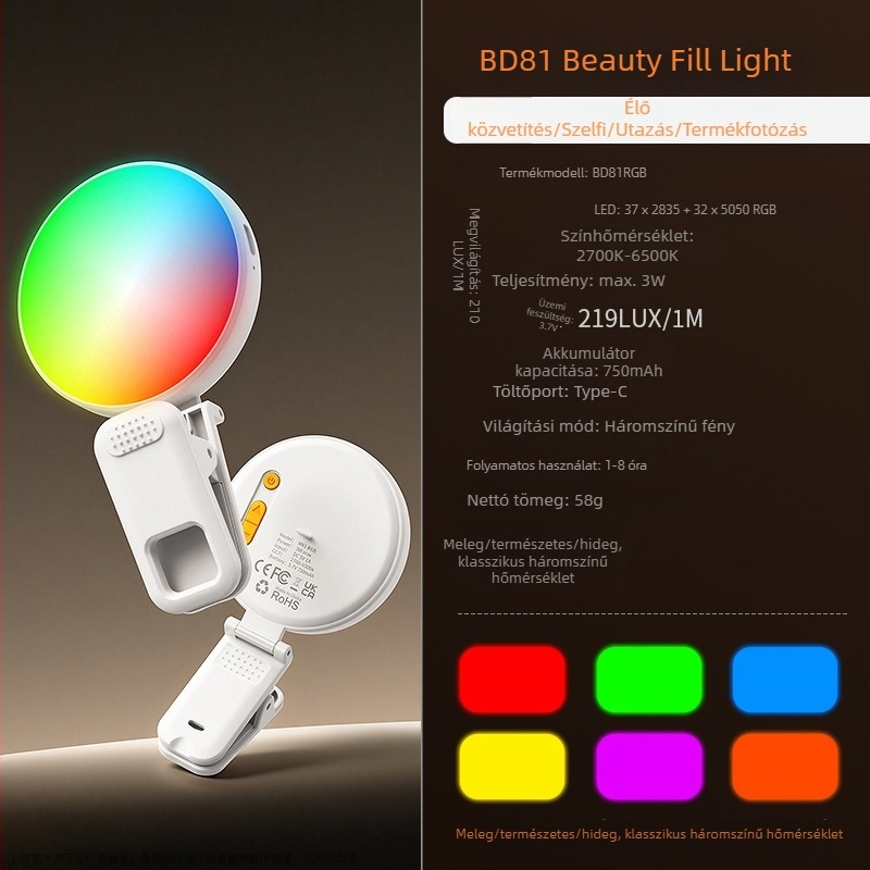 Csíptethető telefonvilágítás, 37 LED, állítható színhőmérséklet 2500K–9900K, kompakt, ideális selfie-hez, fényképezéshez és élő közvetítéshez