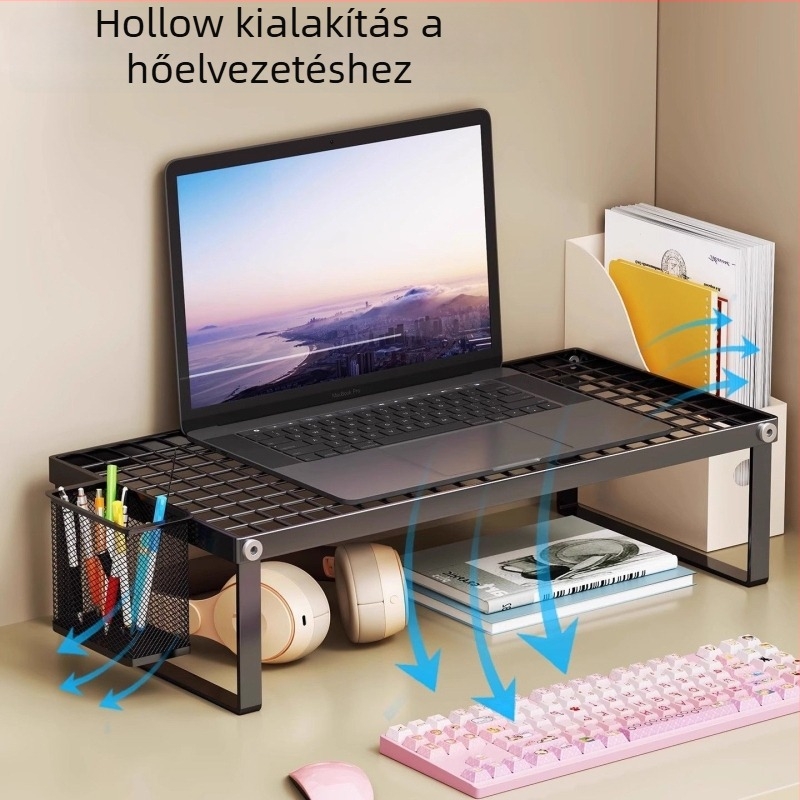Vasból készült laptop állvány, forgó típusú, emelhető asztali alap monitorhoz
