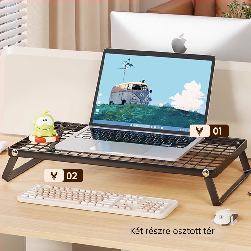 Vasból készült laptop állvány, forgó típusú, emelhető asztali alap monitorhoz