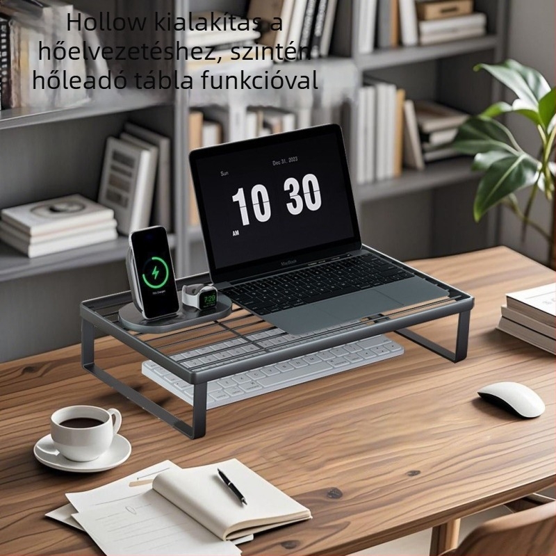 Vasból készült laptop állvány, forgó típusú, emelhető asztali alap monitorhoz