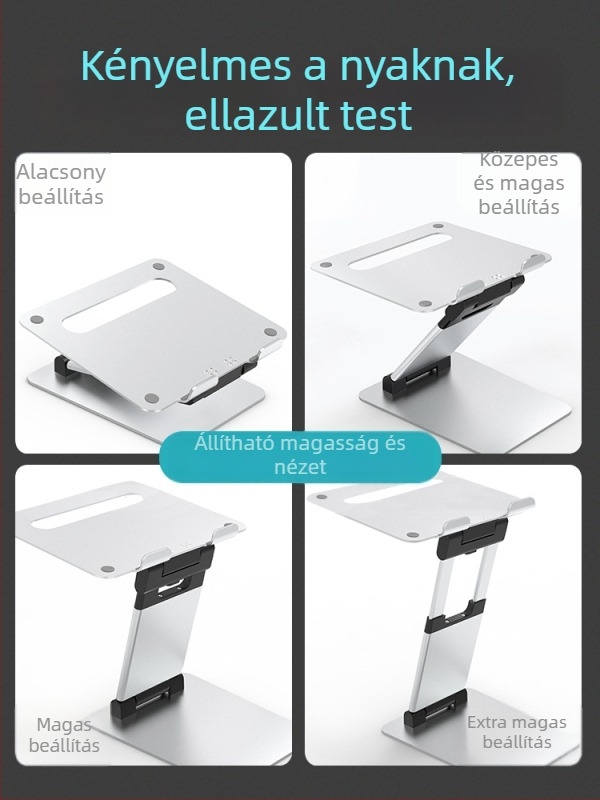 Laptop állvány alumínium ötvözetből, állítható, összecsukható, asztali emelés, Modell AS018