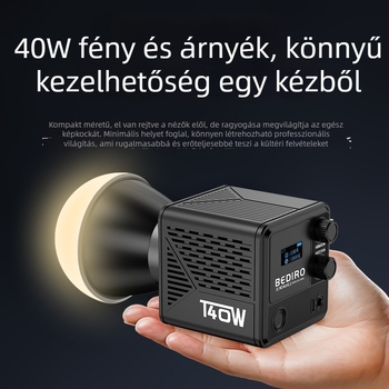 LED töltőfény 40W, állítható színhőmérséklet 2500–9900K, modell T200PRO, többszintű fényerő-szabályozás, 14.8V