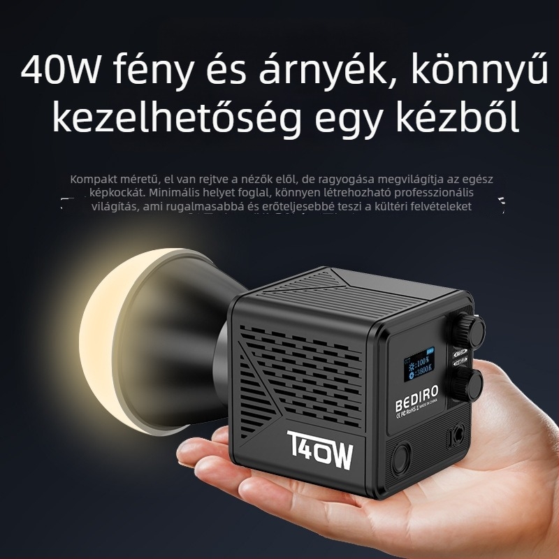 LED töltőfény 40W, állítható színhőmérséklet 2500–9900K, modell T200PRO, többszintű fényerő-szabályozás, 14.8V