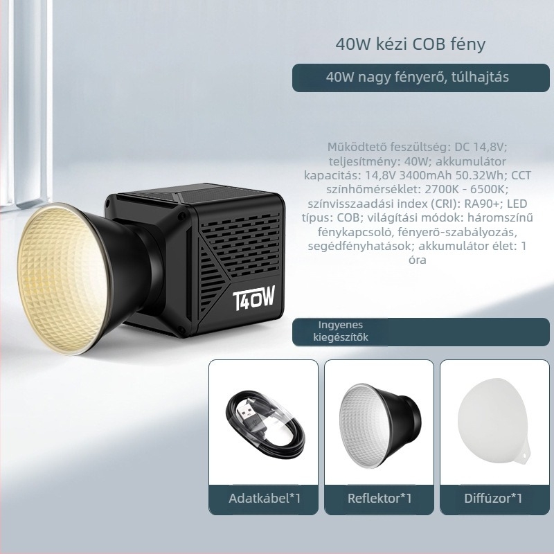 LED töltőfény 40W, állítható színhőmérséklet 2500–9900K, modell T200PRO, többszintű fényerő-szabályozás, 14.8V