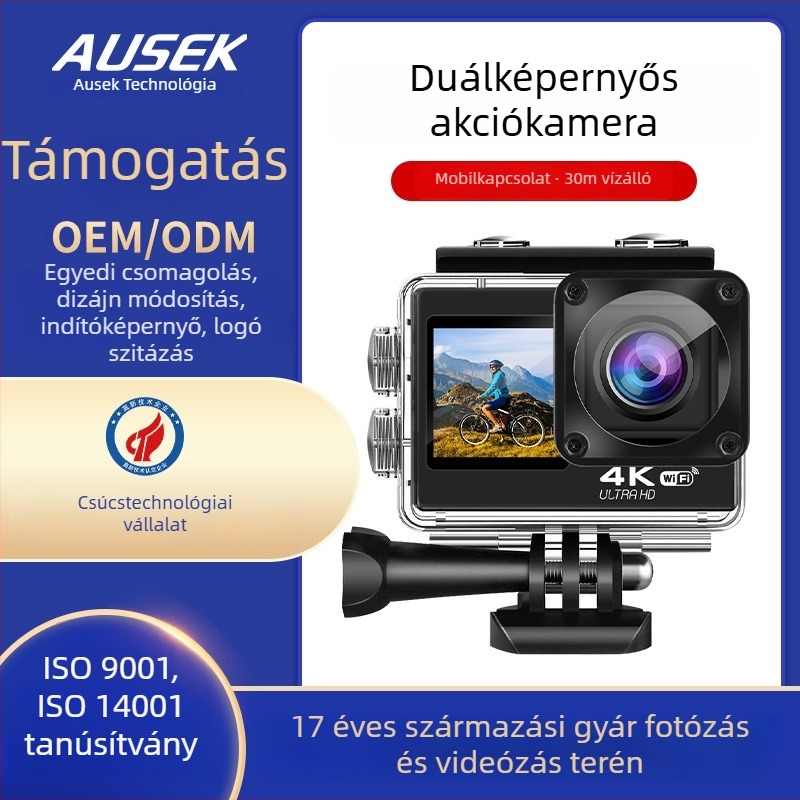 4K akciókamera Wi‑Fi‑vel, vízálló merüléshez, dupla kijelző