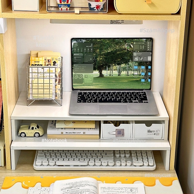 Asztali laptop állvány hézagkitöltő panellel — sűrűséglemez anyag, modern minimális stílus, szerelés szükséges